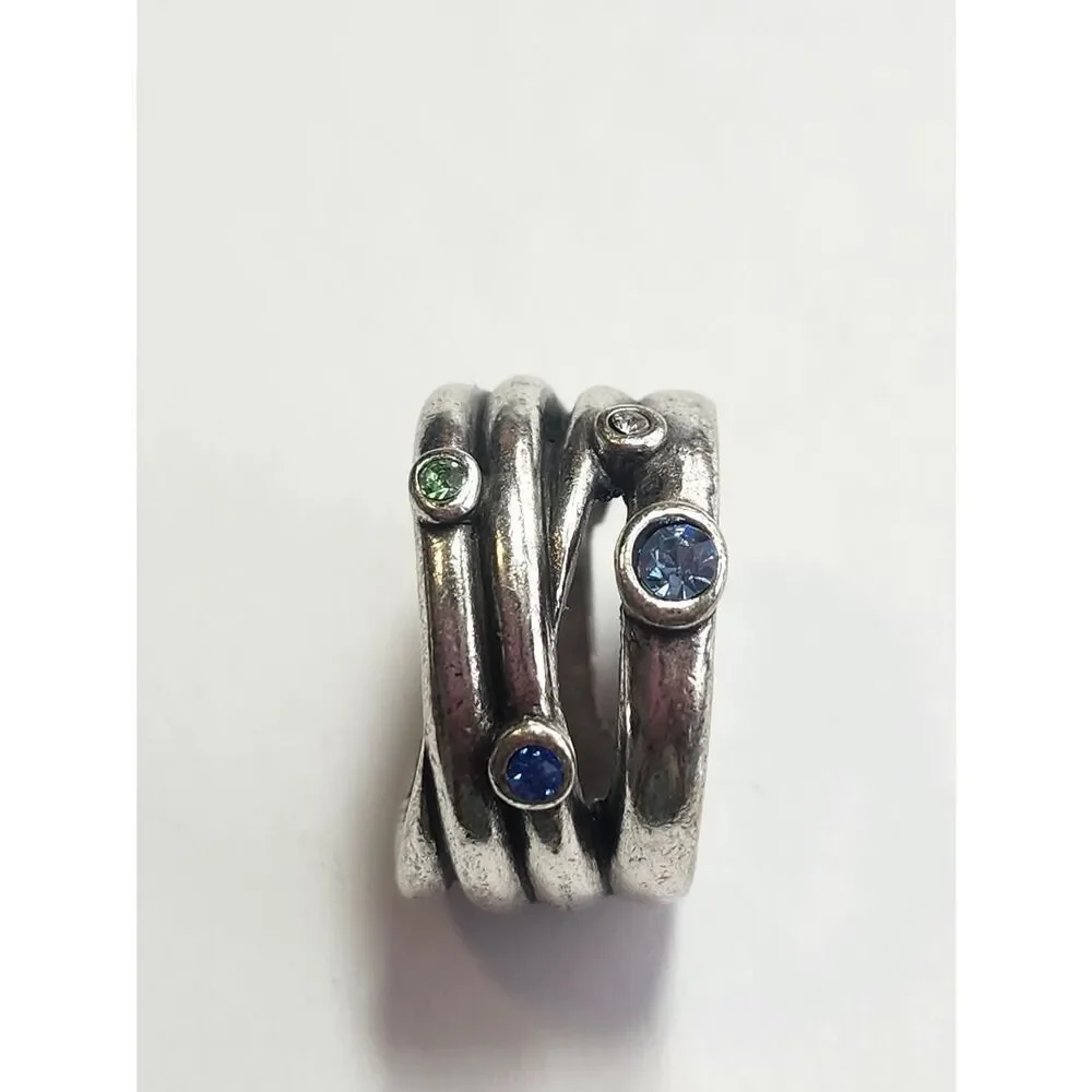 Sterling Silver Blue Green CZ Modernist Wide Band Ring Layered Open Work Sz 7.5